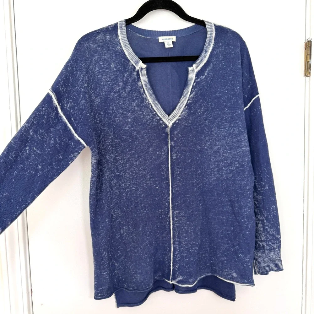 Sundance 100% Cotton Distressed Wash Sweater XS Blue Exposed Seam Boho - Picture 2 of 7